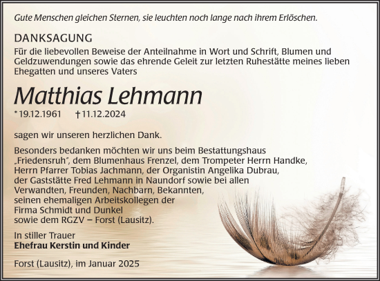Traueranzeige von Matthias Lehmann von Lausitzer Rundschau