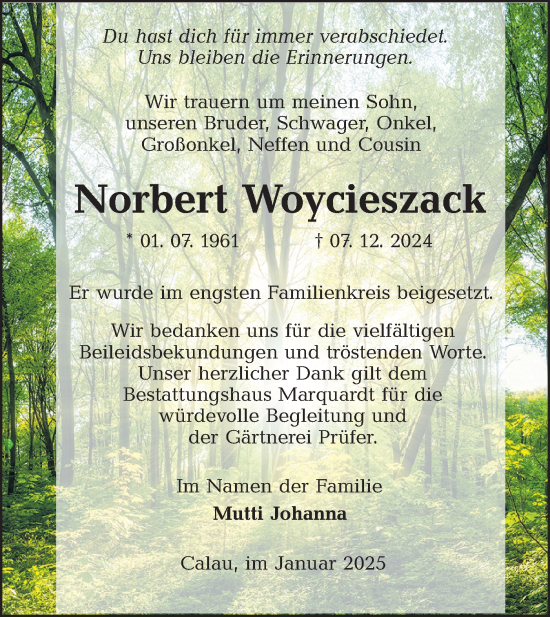 Traueranzeige von Norbert Woycieszack von Lausitzer Rundschau