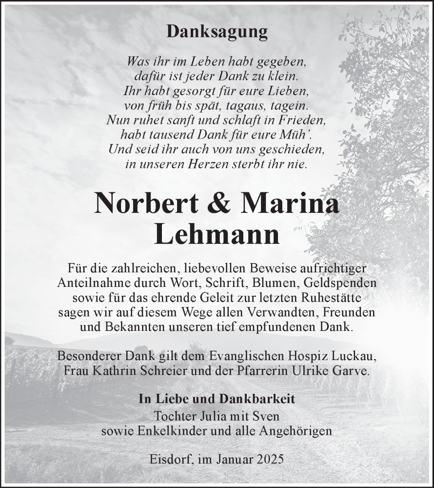  Traueranzeige für Norbert und Marina Lehmann vom 25.01.2025 aus Lausitzer Rundschau