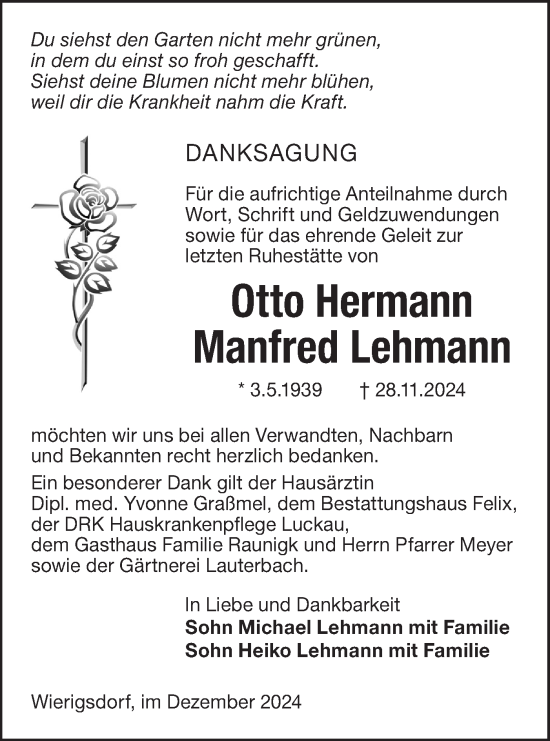 Traueranzeige von Otto Hermann Manfred Lehmann von Lausitzer Rundschau