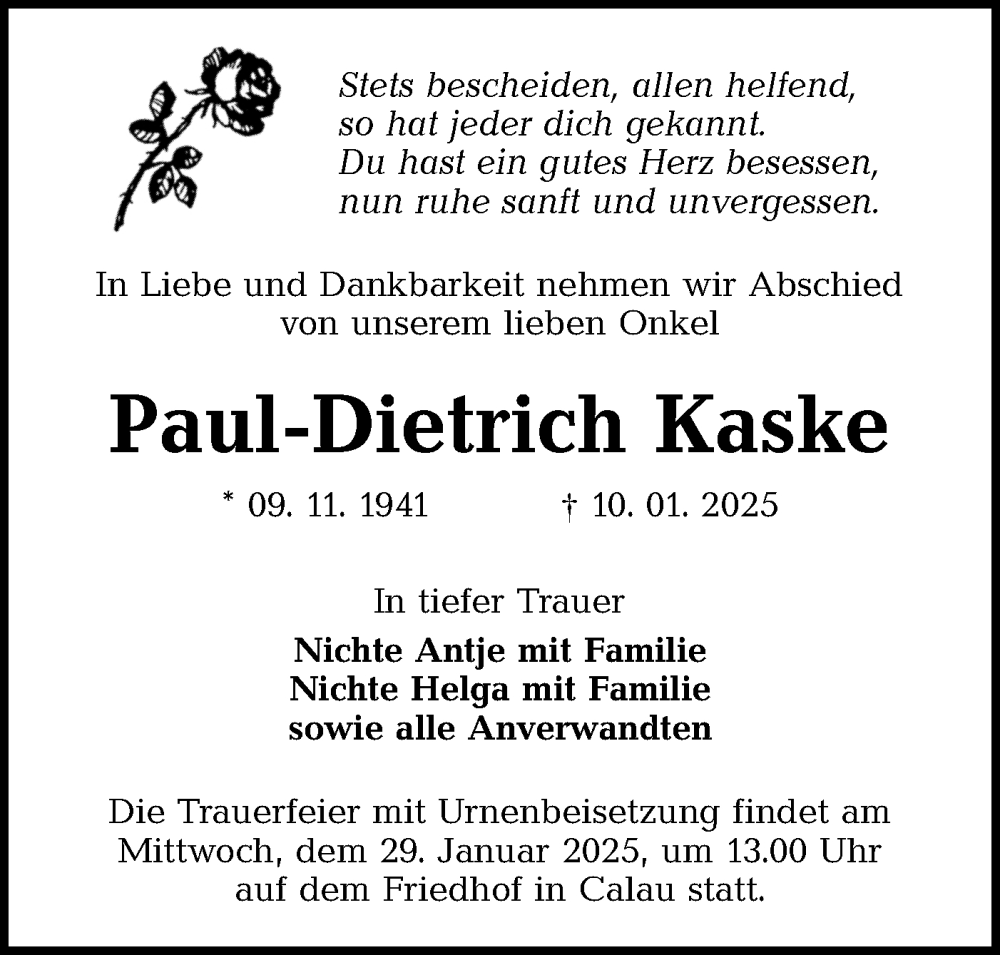  Traueranzeige für Paul-Dietrich Kaske vom 18.01.2025 aus Lausitzer Rundschau