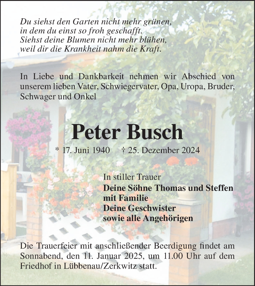  Traueranzeige für Peter Busch vom 04.01.2025 aus Lausitzer Rundschau