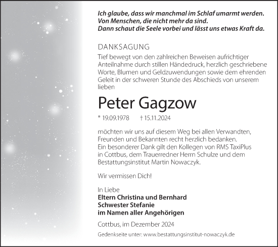Traueranzeige von Peter Gagzow von Lausitzer Rundschau