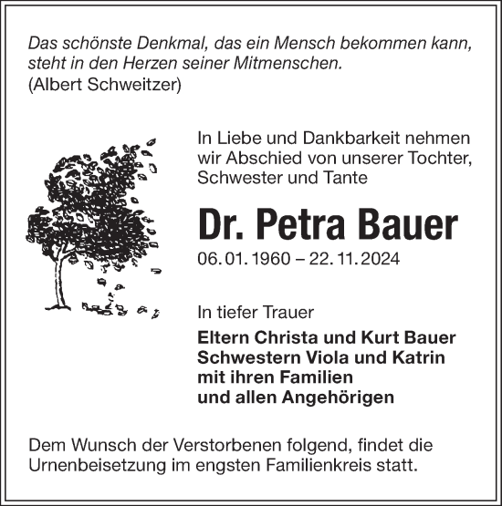 Traueranzeige von Petra Bauer von Lausitzer Rundschau