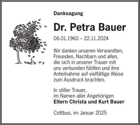 Traueranzeige von Petra Bauer von Lausitzer Rundschau