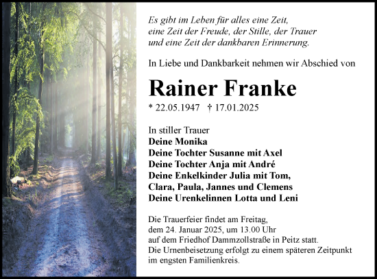 Traueranzeige von Rainer Franke von Lausitzer Rundschau