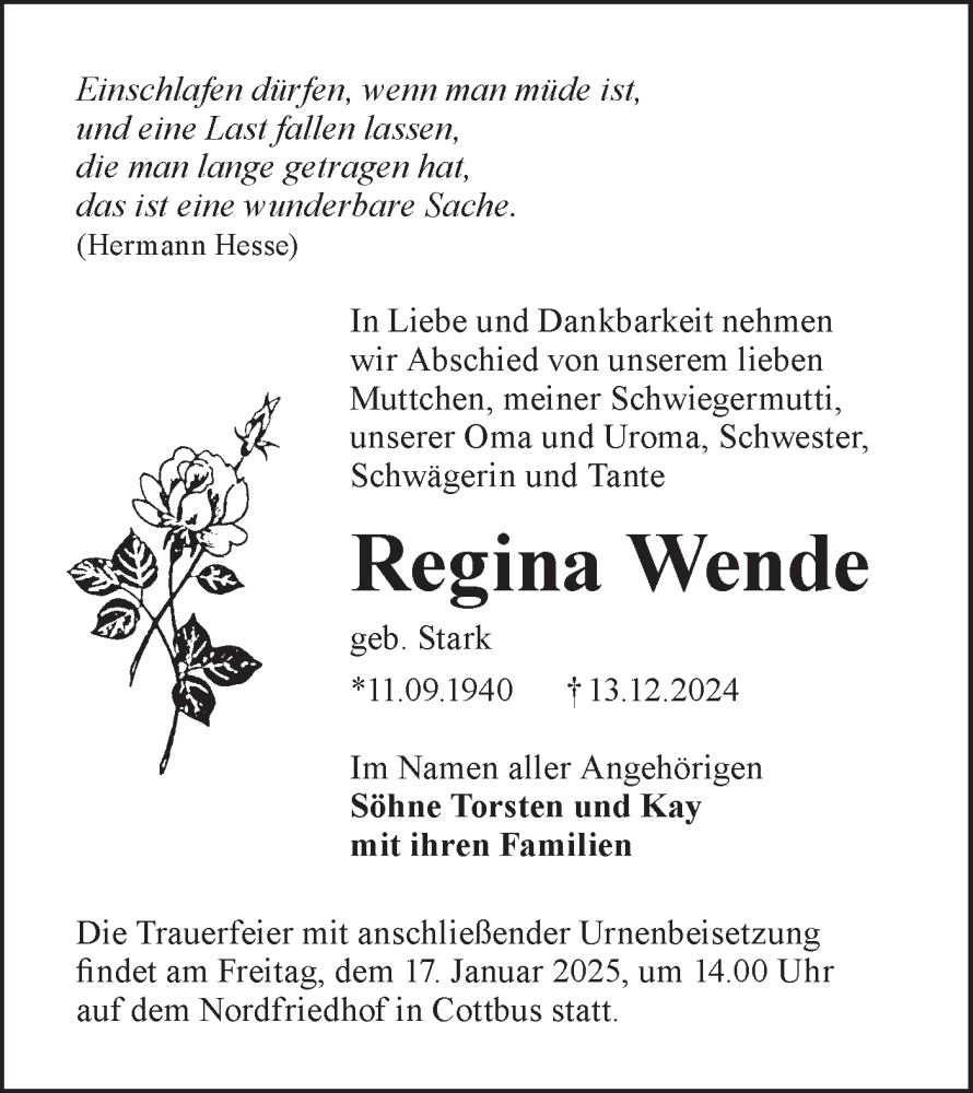  Traueranzeige für Regina Wende vom 04.01.2025 aus Lausitzer Rundschau