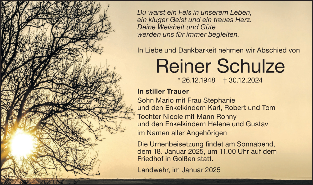  Traueranzeige für Reiner Schulze vom 14.01.2025 aus Lausitzer Rundschau