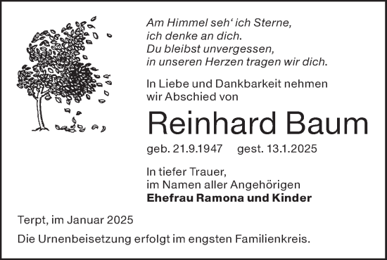 Traueranzeige von Reinhard Baum von Lausitzer Rundschau