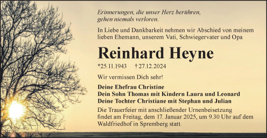Traueranzeige von Reinhard Heyne von Lausitzer Rundschau