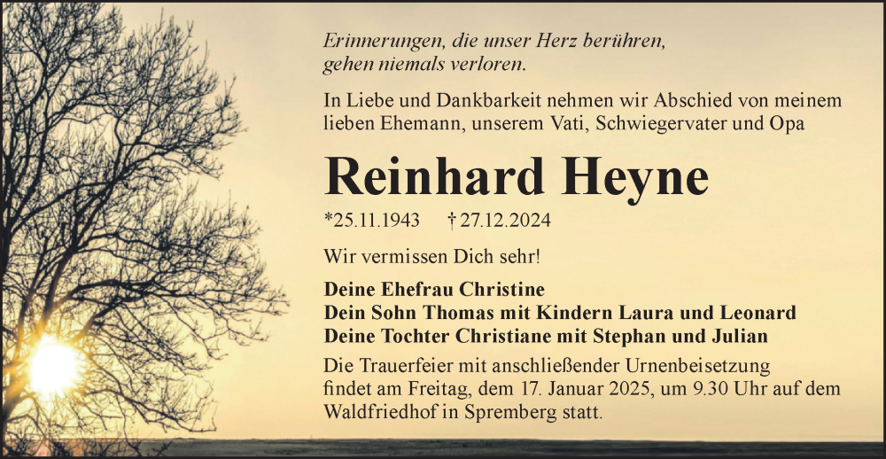  Traueranzeige für Reinhard Heyne vom 11.01.2025 aus Lausitzer Rundschau