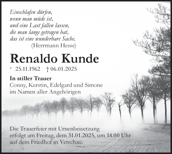 Traueranzeige von Renaldo Kunde von Lausitzer Rundschau