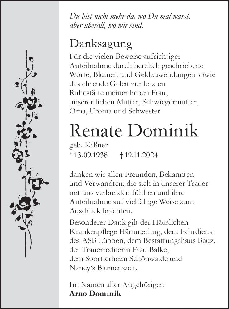  Traueranzeige für Renate Dominik vom 11.01.2025 aus Lausitzer Rundschau