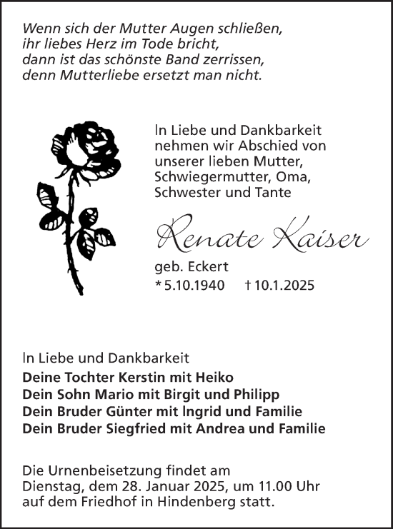 Traueranzeige von Renate Kaiser von Lausitzer Rundschau