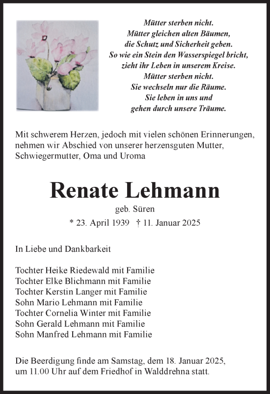 Traueranzeige von Renate Lehmann von Lausitzer Rundschau