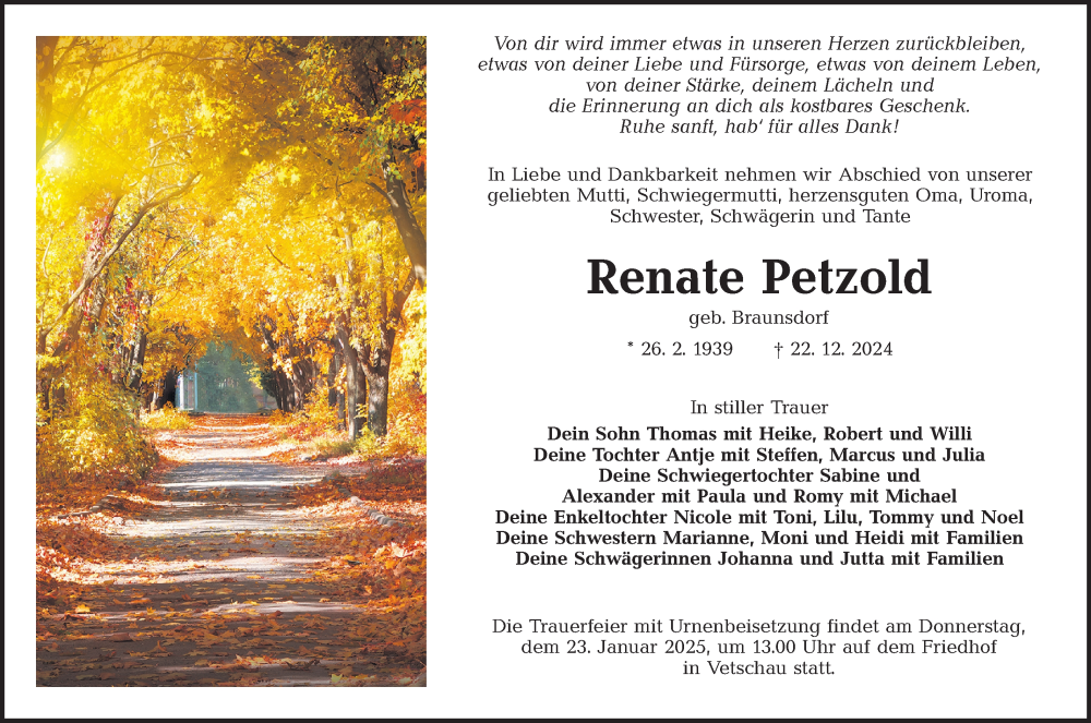 Traueranzeige für Renate Petzold vom 11.01.2025 aus Lausitzer Rundschau