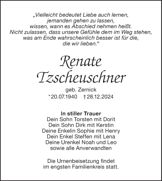 Traueranzeige von Renate Tzscheuschner von Lausitzer Rundschau