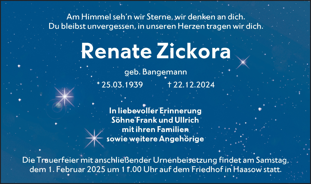  Traueranzeige für Renate Zickora vom 25.01.2025 aus Lausitzer Rundschau