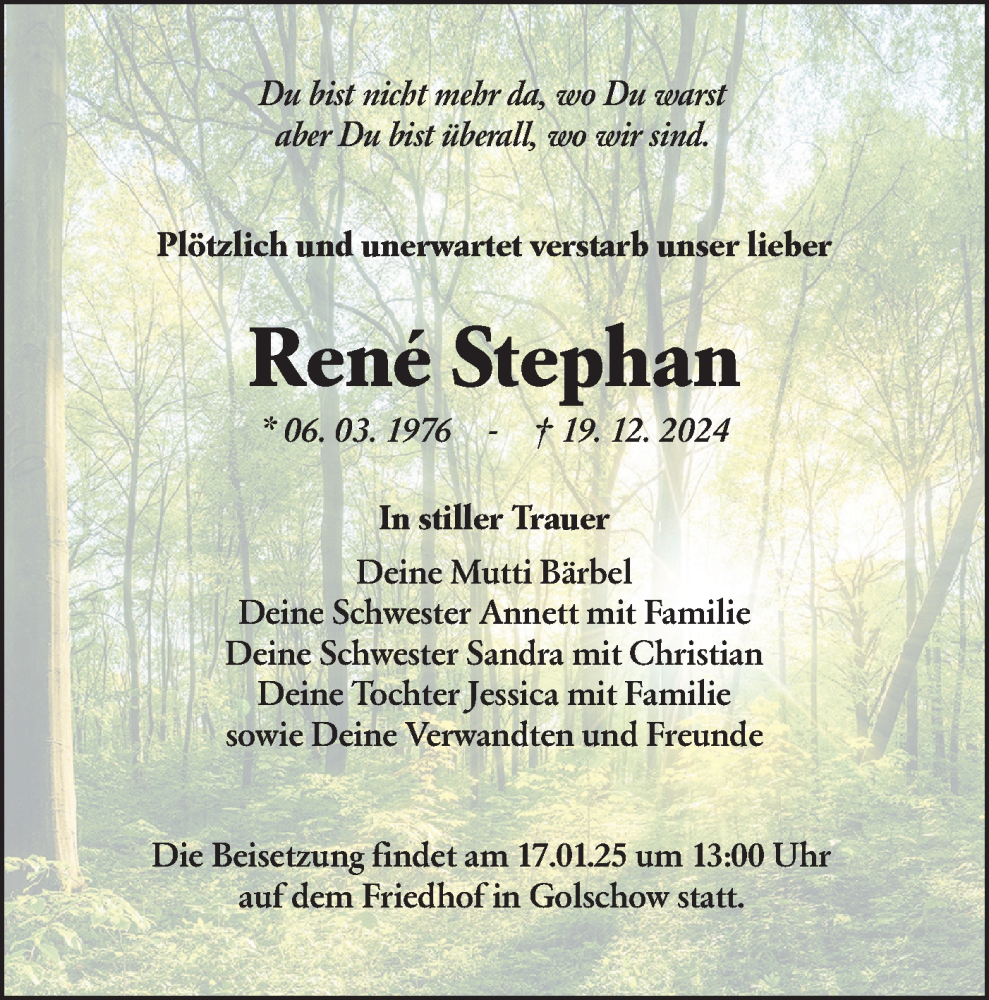  Traueranzeige für Rene Stephan vom 04.01.2025 aus Lausitzer Rundschau