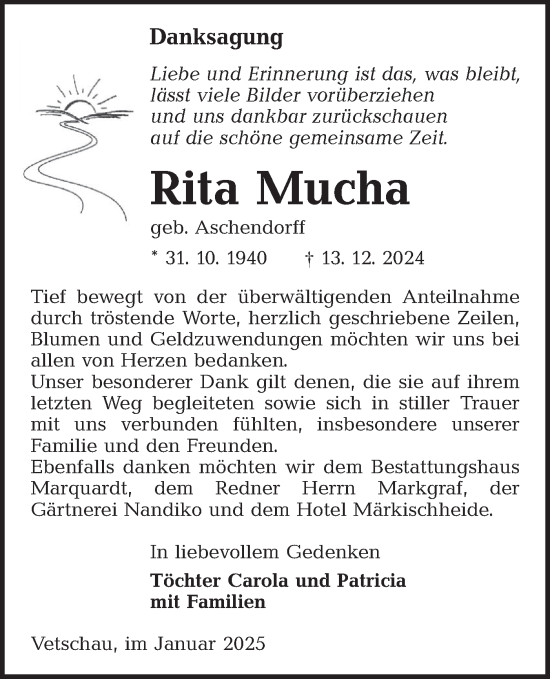 Traueranzeige von Rita Mucha von Lausitzer Rundschau