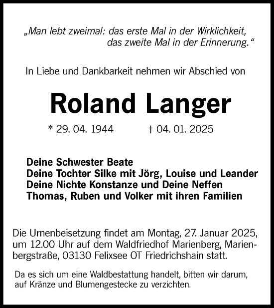 Traueranzeige von Roland Langer von Lausitzer Rundschau