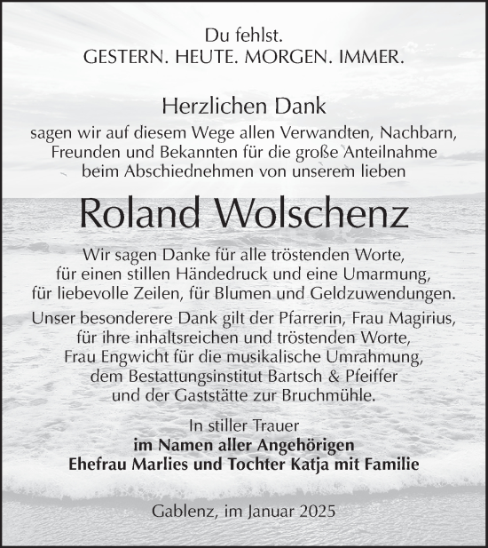 Traueranzeige von Roland Wolschenz von Lausitzer Rundschau