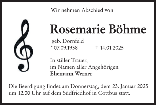 Traueranzeige von Rosemarie Böhme von Lausitzer Rundschau