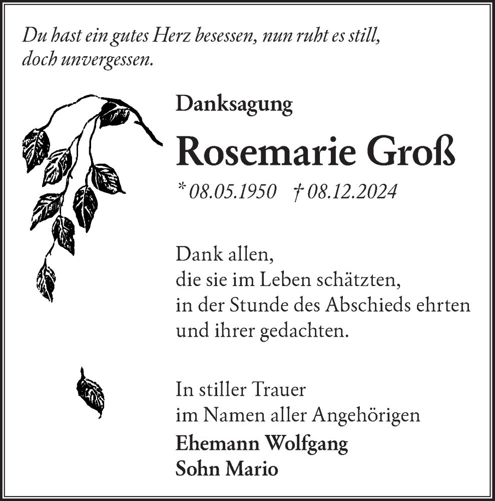  Traueranzeige für Rosemarie Groß vom 11.01.2025 aus Lausitzer Rundschau
