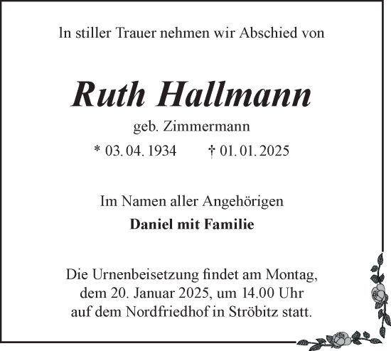 Traueranzeige von Ruth Hallmann von Lausitzer Rundschau