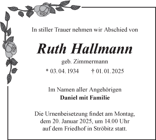 Traueranzeige von Ruth Hallmann von Lausitzer Rundschau