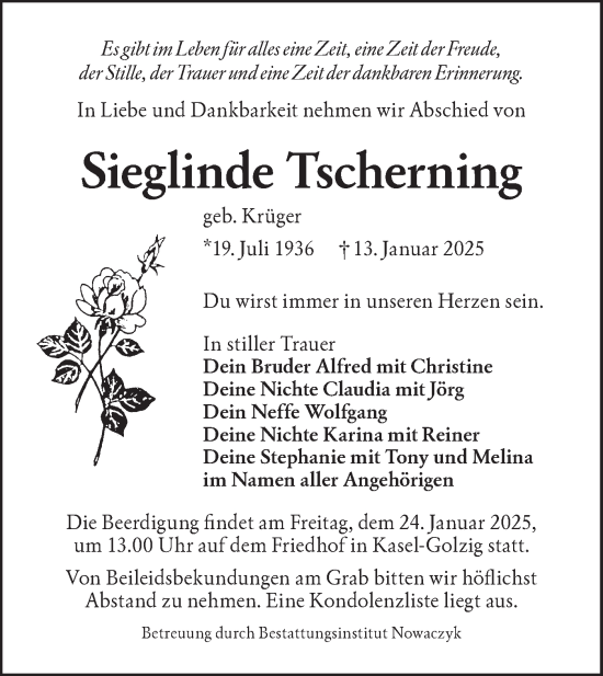 Traueranzeige von Sieglinde Tscherning von Lausitzer Rundschau