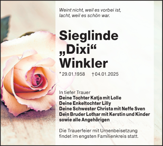 Traueranzeige von Sieglinde Winkler von Lausitzer Rundschau