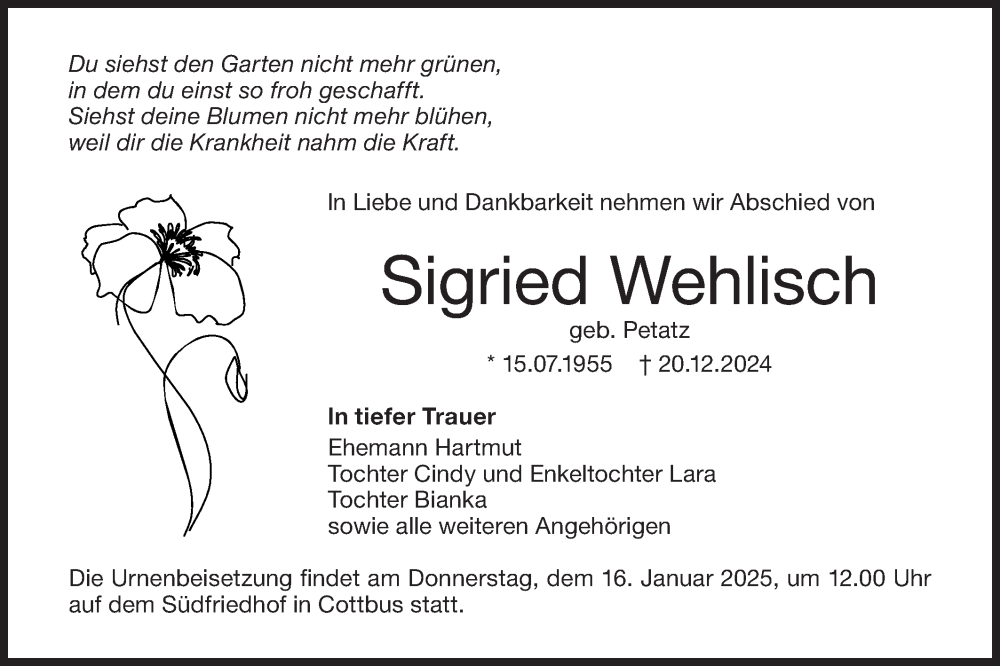  Traueranzeige für Sigried Wehlisch vom 11.01.2025 aus Lausitzer Rundschau
