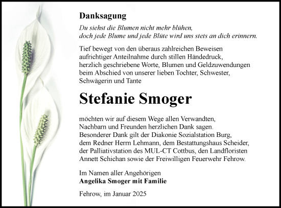 Traueranzeige von Stefanie Smoger von Lausitzer Rundschau