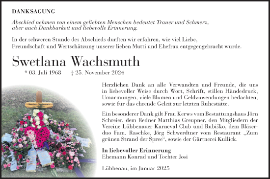 Traueranzeige von Swetlana Wachsmuth von Lausitzer Rundschau
