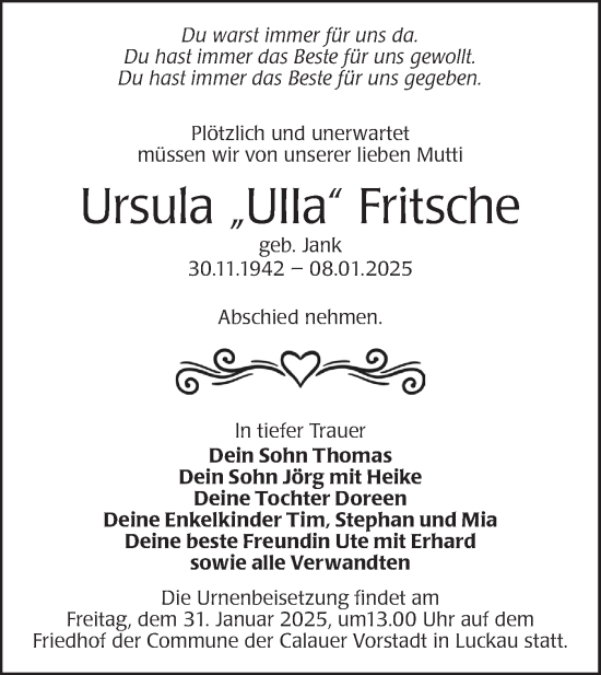 Traueranzeige von Ursula Fritsche von Lausitzer Rundschau