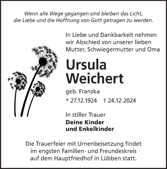 Traueranzeige von Ursula Weichert von Lausitzer Rundschau