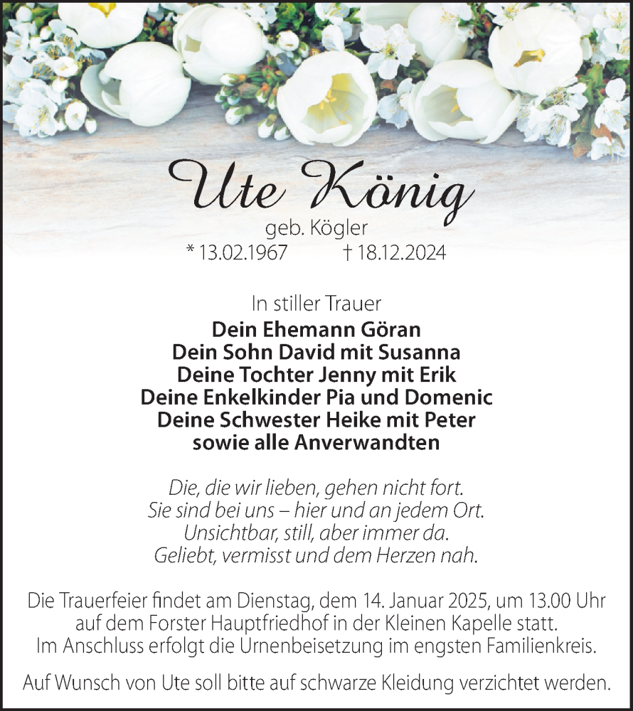  Traueranzeige für Ute König vom 08.01.2025 aus Lausitzer Rundschau