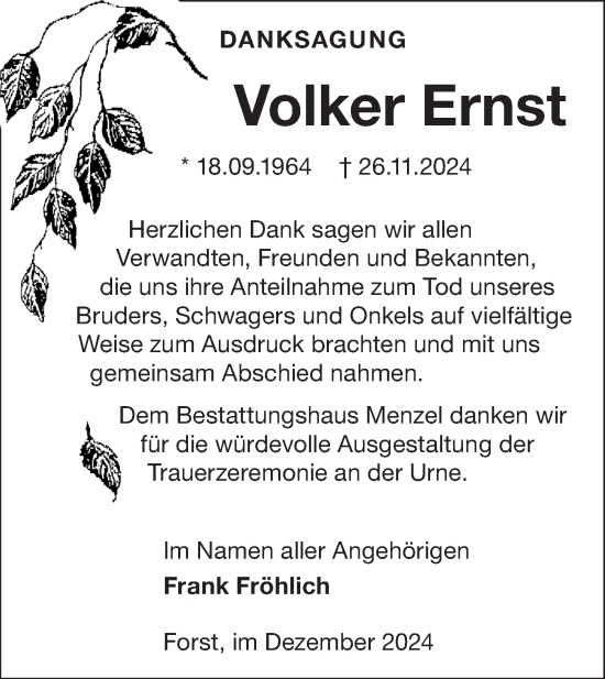 Traueranzeige von Volker Ernst von Lausitzer Rundschau