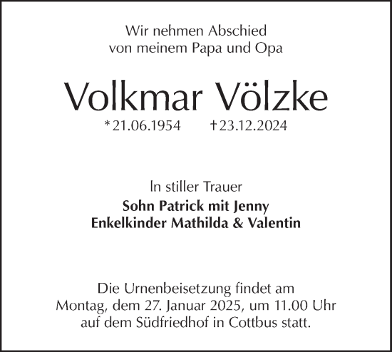 Traueranzeige von Volkmar Völzke von Lausitzer Rundschau