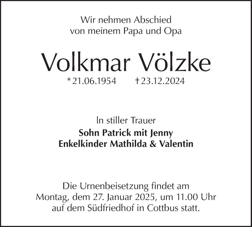 Traueranzeige für Volkmar Völzke vom 11.01.2025 aus Lausitzer Rundschau