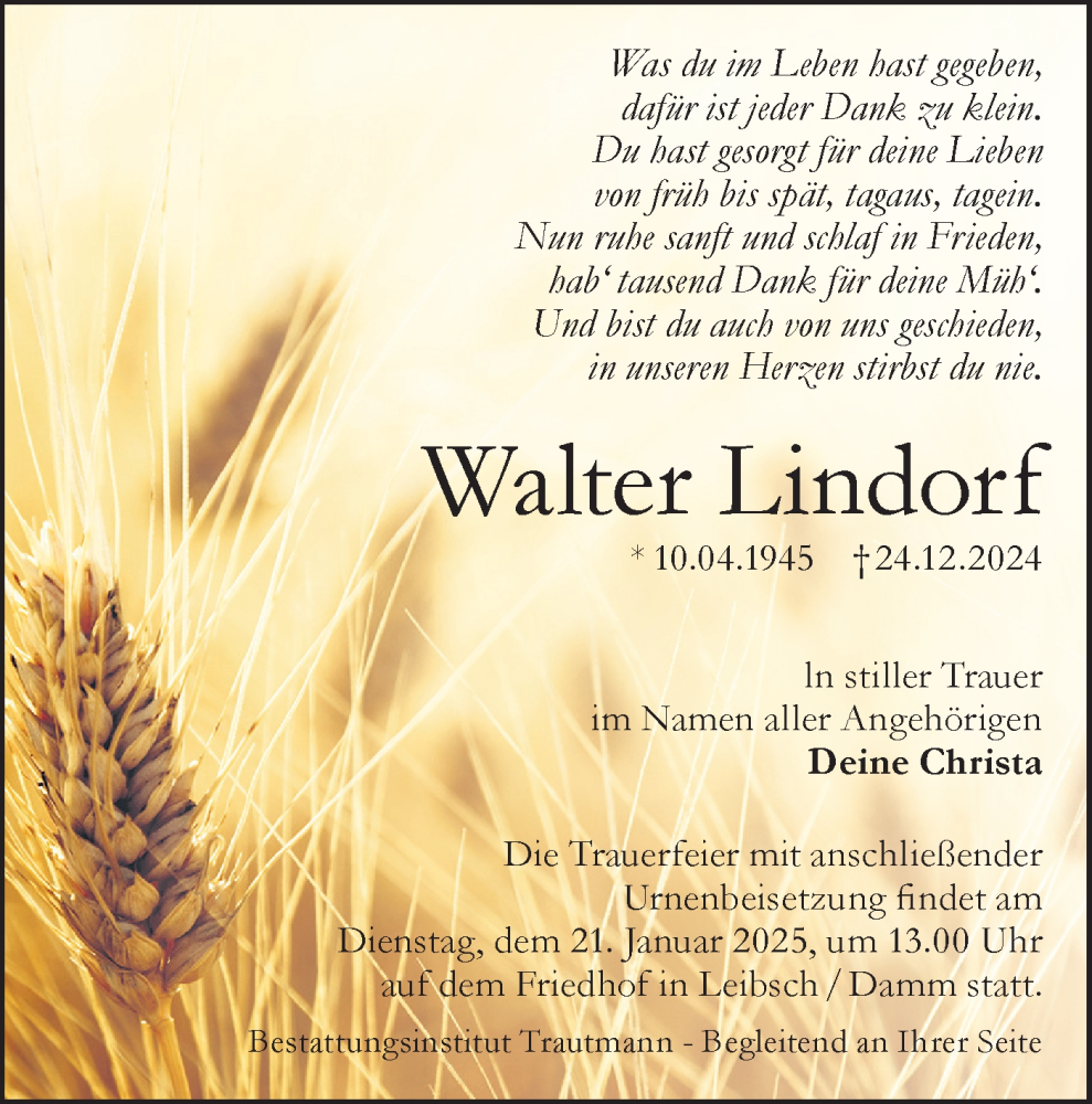  Traueranzeige für Walter Lindorf vom 11.01.2025 aus Lausitzer Rundschau