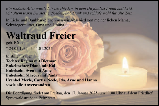 Traueranzeige von Waltraud Freier von Lausitzer Rundschau