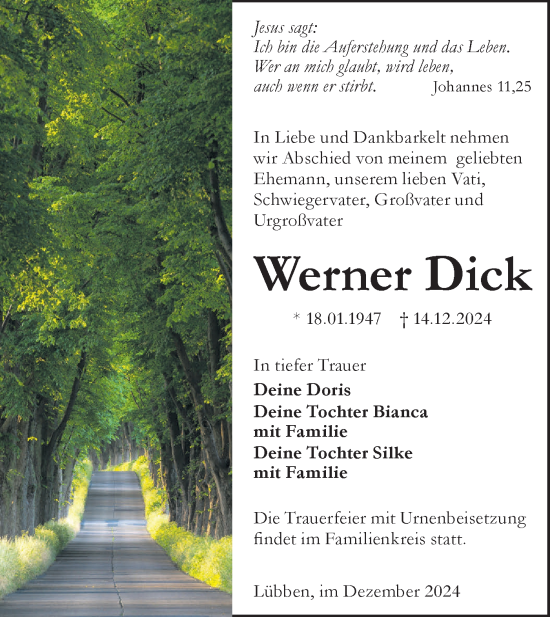 Traueranzeige von Werner Dick von Lausitzer Rundschau