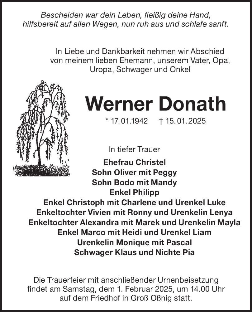  Traueranzeige für Werner Donath vom 25.01.2025 aus Lausitzer Rundschau