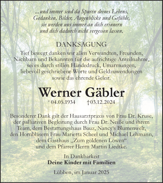 Traueranzeige von Werner Gäbler von Lausitzer Rundschau