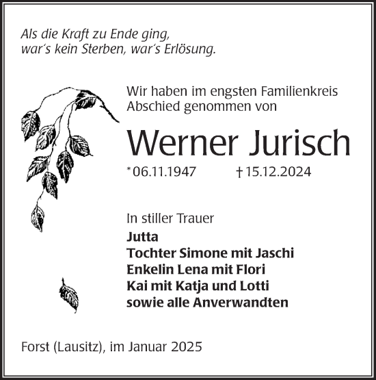Traueranzeige von Werner Jurisch von Lausitzer Rundschau