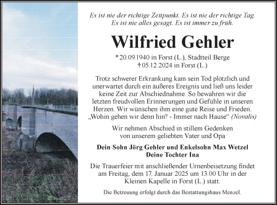 Traueranzeige von Wilfried Gehler von Lausitzer Rundschau