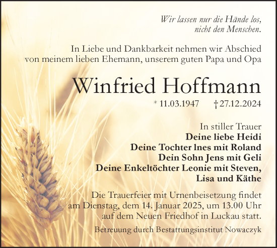 Traueranzeige von Winfried Hoffmann von Lausitzer Rundschau