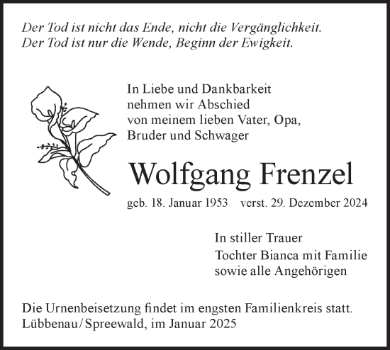 Traueranzeige von Wolfgang Frenzel von Lausitzer Rundschau